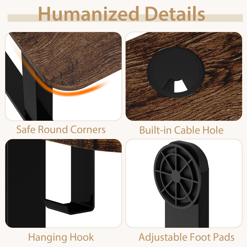 Close-up images highlighting desk details: round corner, built-in cable hole, hanging hook, and adjustable foot pads